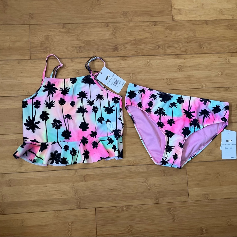 NWT Girls Size 10-12 Hurley Multicolor Tie-Dye Palm Tree Tankini Set Swimsuit